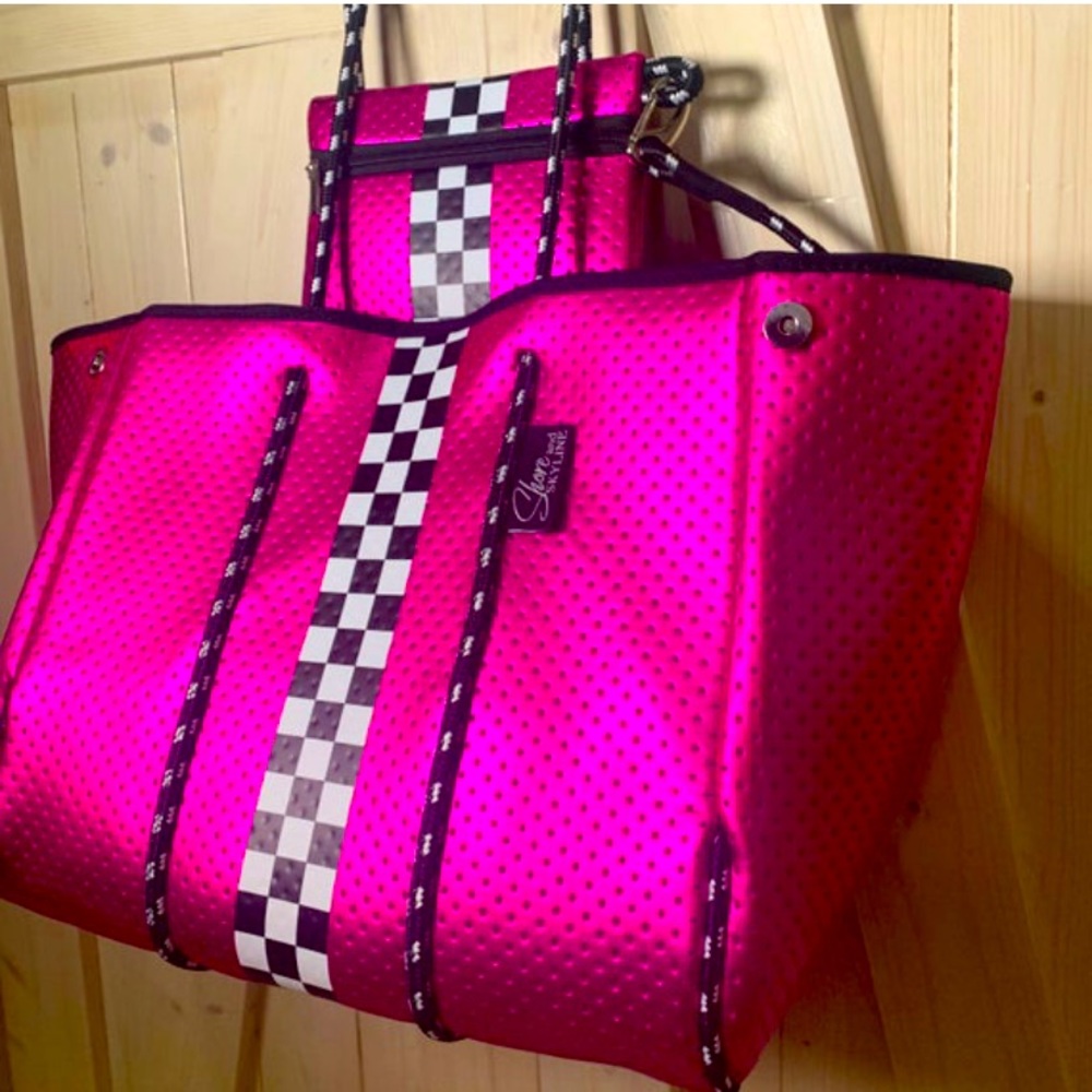 Neoprene Racer Tote Bag Prix Hot Pink or Titanium Disco racing checks waterproof - Picture 16 of 16